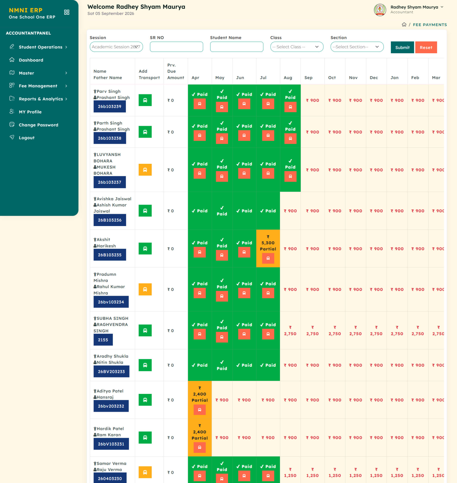 School ERP software dashboard for schools